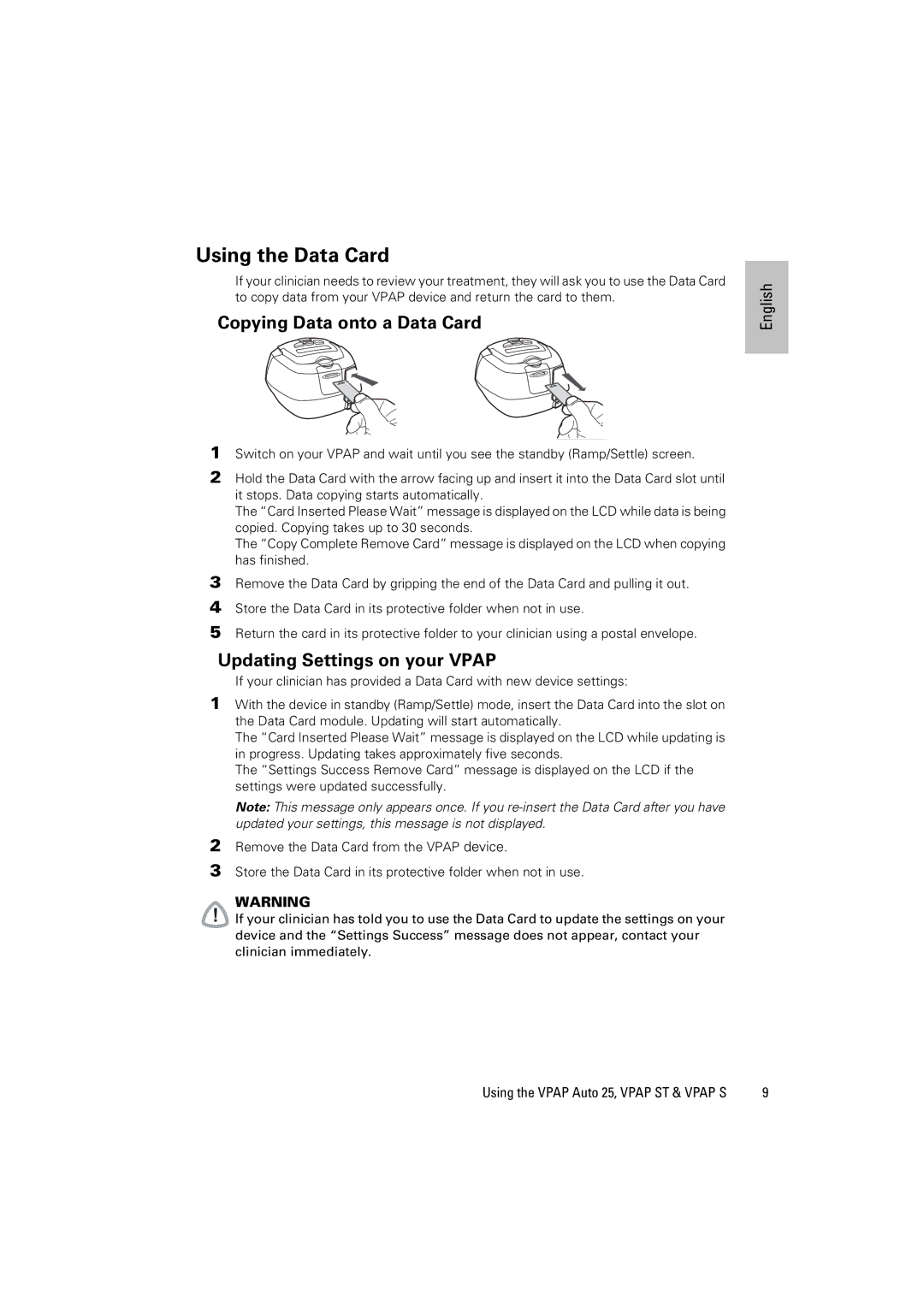 ResMed ST, AUTO 25 manual Using the Data Card, Copying Data onto a Data Card 