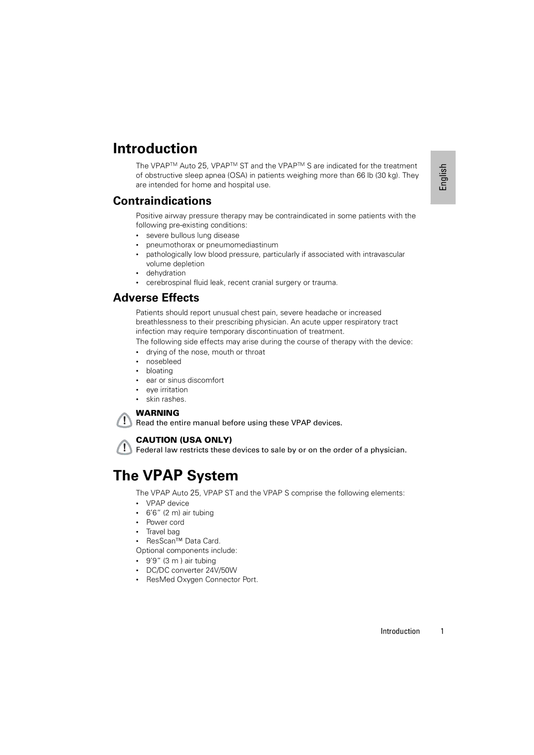 ResMed AUTO 25, ST manual Introduction, Vpap System, Contraindications, Adverse Effects 