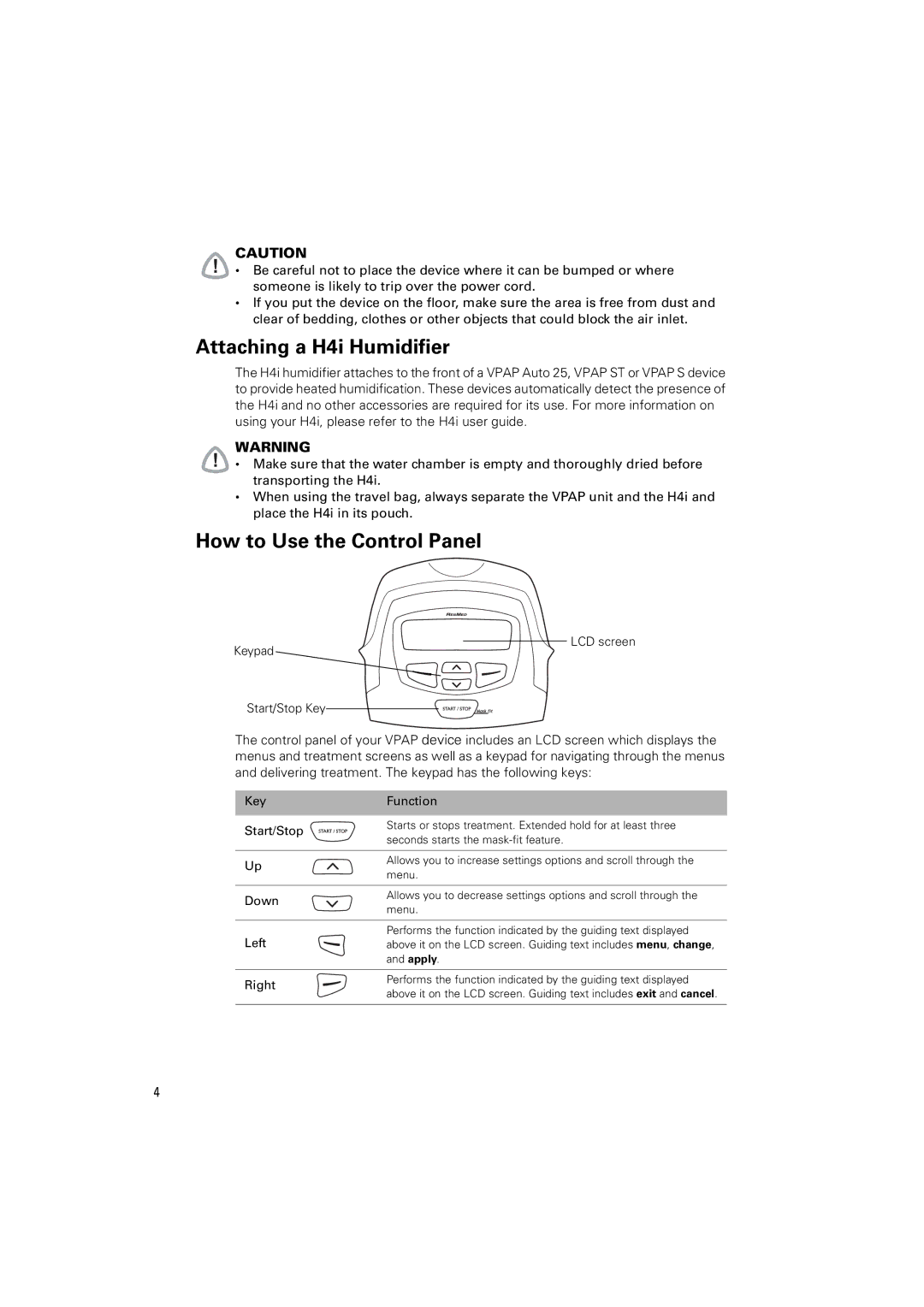 ResMed AUTO 25, ST manual Attaching a H4i Humidifier, How to Use the Control Panel, Down, Right 