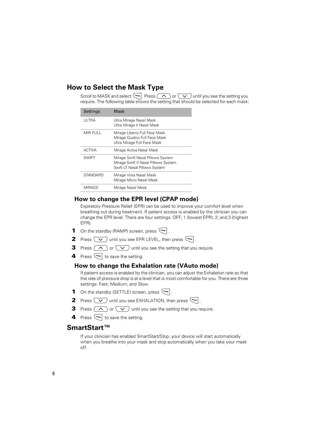 ResMed ST, AUTO 25 manual How to Select the Mask Type, SmartStart 