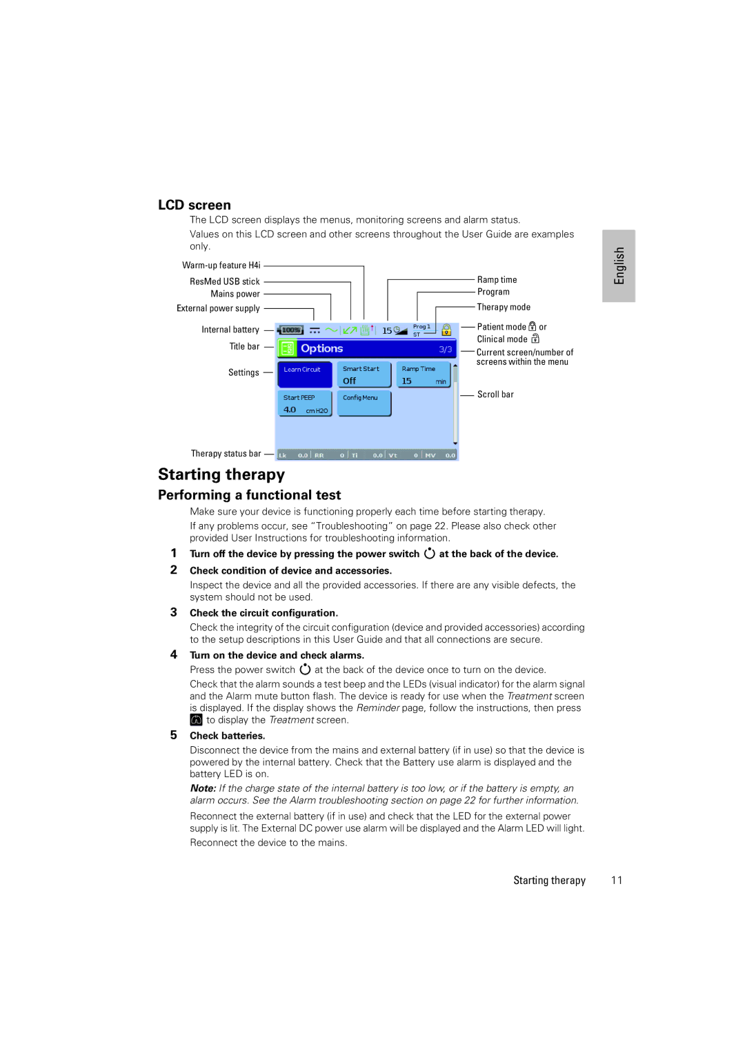 ResMed Stellar 100 and 150, Stellar 150 manual Starting therapy, LCD screen, Performing a functional test 