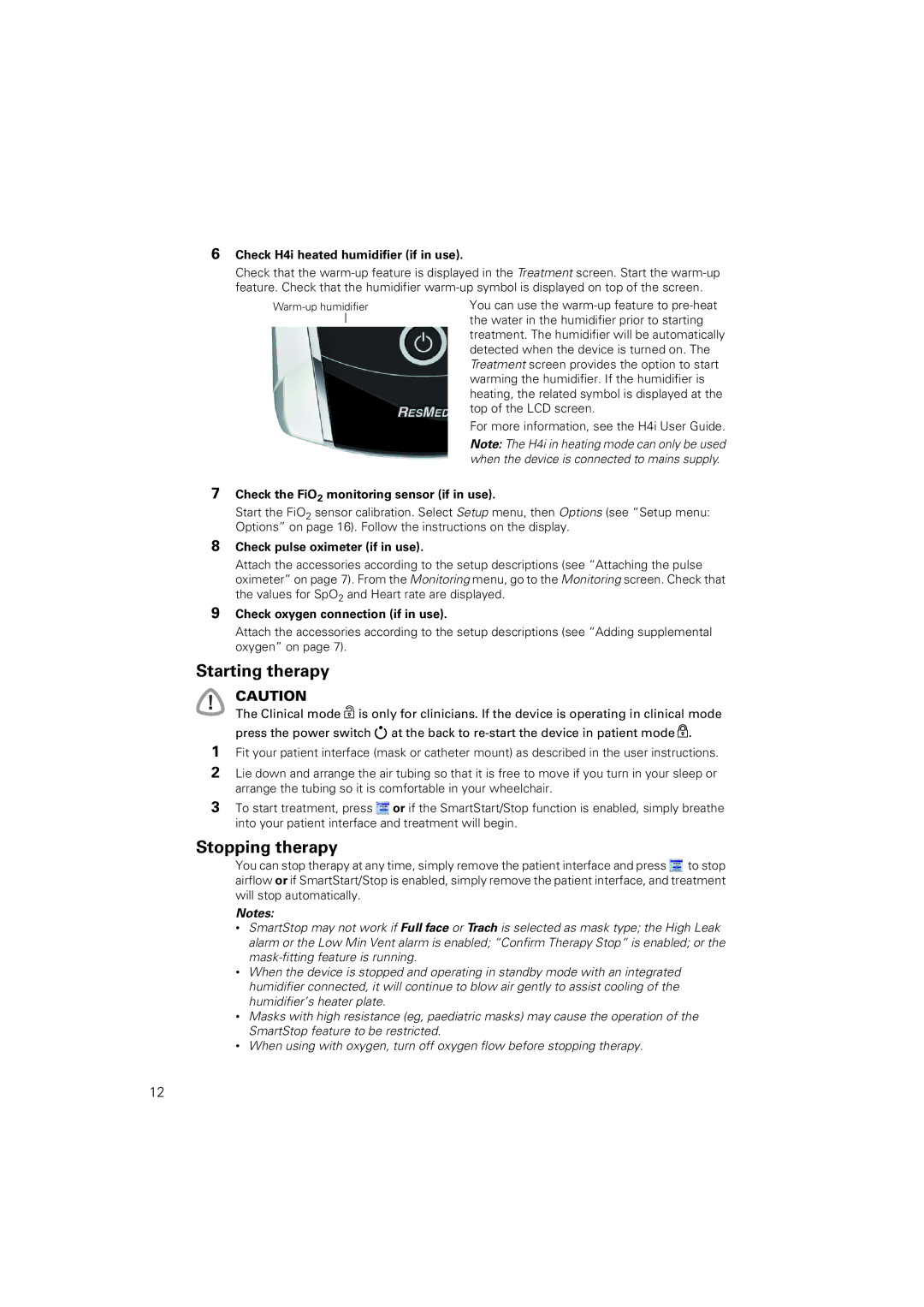 ResMed Stellar 100 and 150, Stellar 150 manual Starting therapy, Stopping therapy 