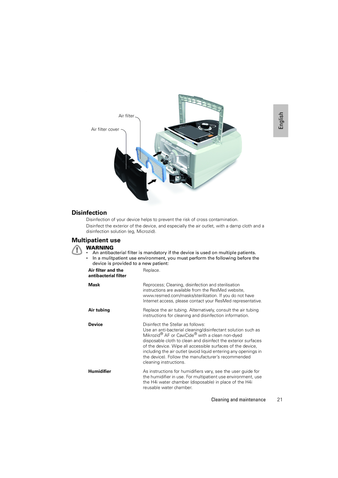 ResMed Stellar 100 and 150, Stellar 150 manual Disinfection, Multipatient use 