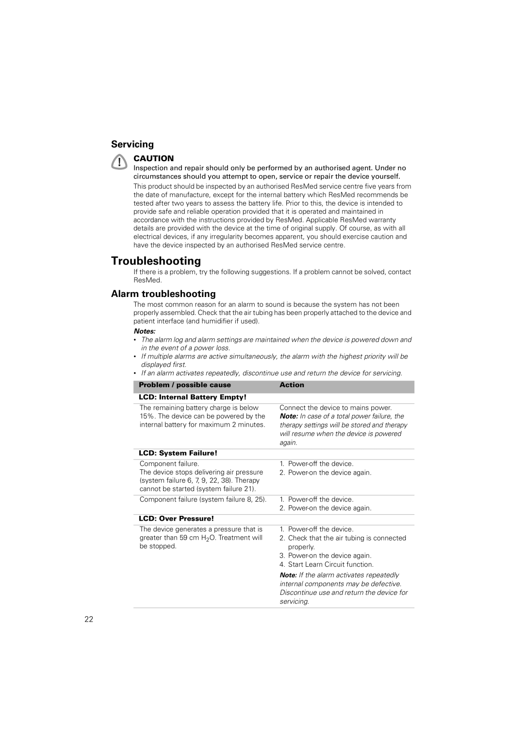 ResMed Stellar 150, Stellar 100 and 150 manual Troubleshooting, Servicing, Alarm troubleshooting 