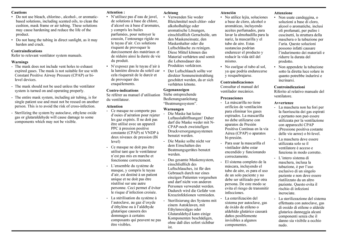 ResMed Sullivan Mirage manual Contraindications, Contre-indications, Achtung, Warnungen, Atención, Precauciones, Attenzione 