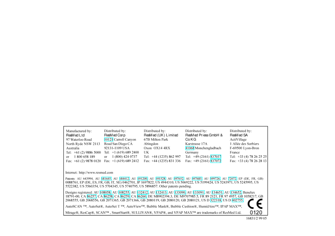 ResMed Sullivan Mirage manual ResMed Corp ResMed UK Limited ResMed Priess GmbH ResMed SA 