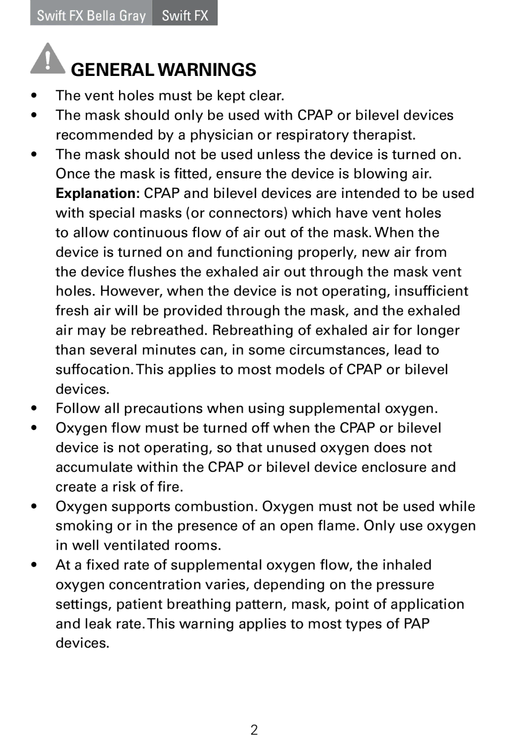 ResMed Swift FX manual General Warnings 