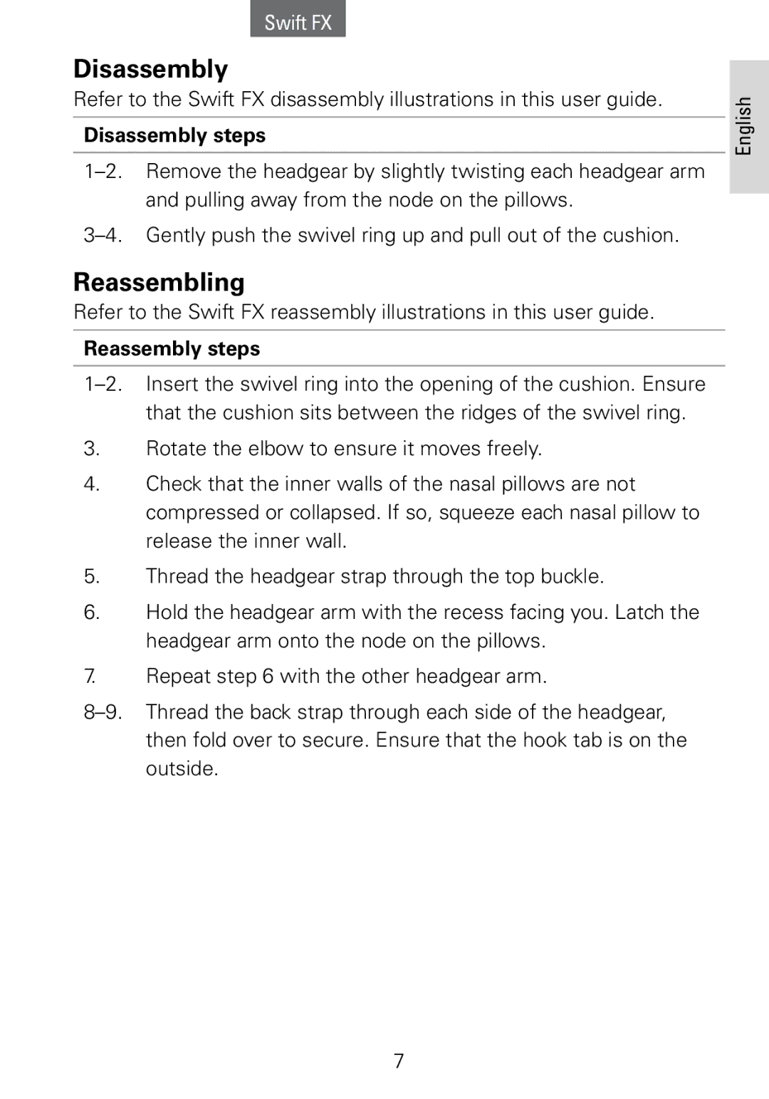 ResMed Swift FX manual Reassembling, Reassembly steps 