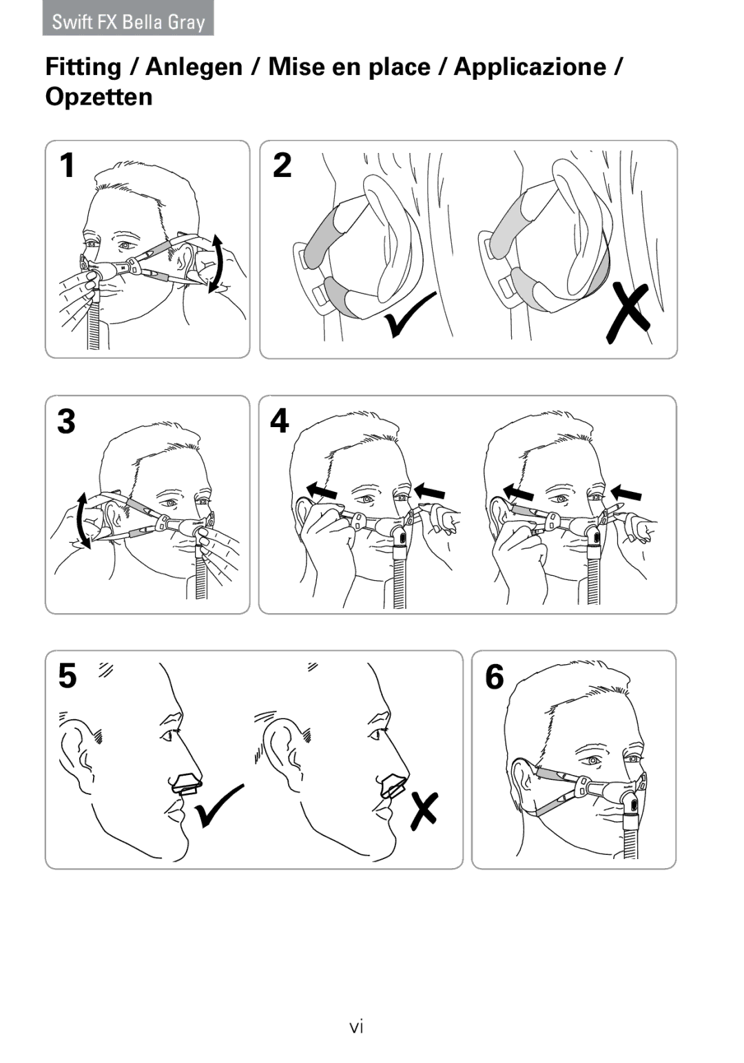 ResMed Swift FX manual Fitting / Anlegen / Mise en place / Applicazione / Opzetten 