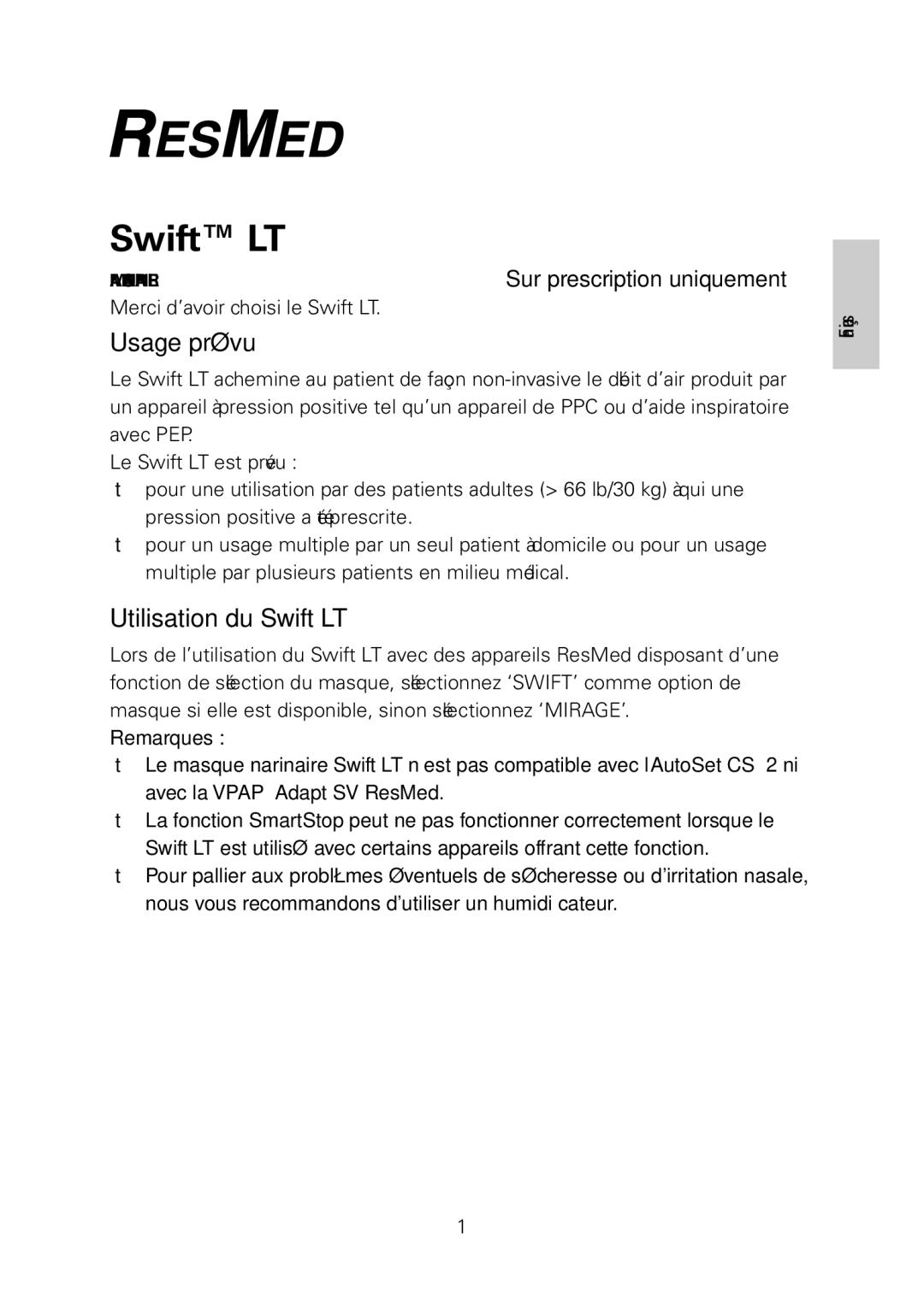 ResMed manual Usage prévu, Utilisation du Swift LT 