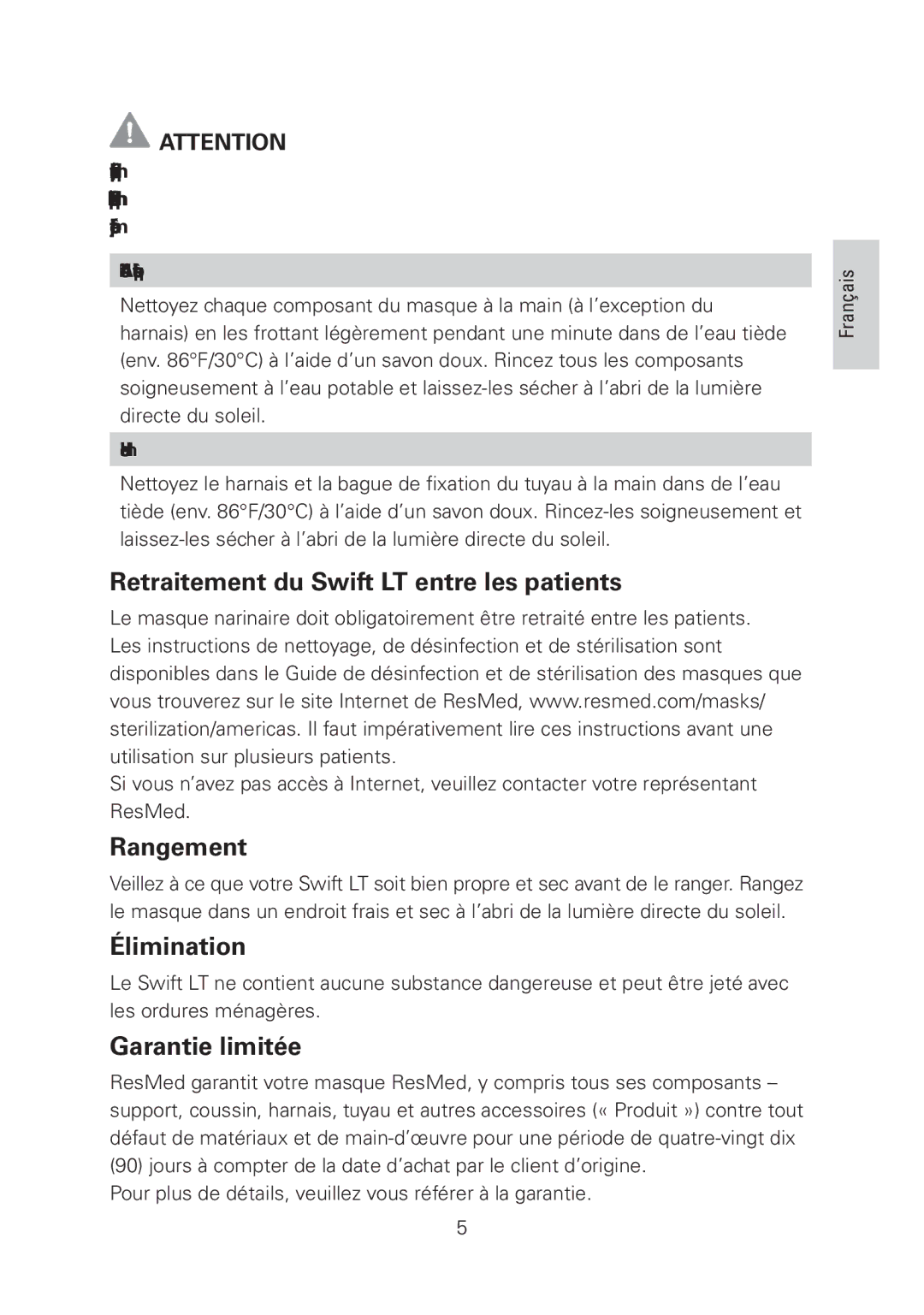 ResMed manual Retraitement du Swift LT entre les patients, Rangement, Élimination, Garantie limitée 