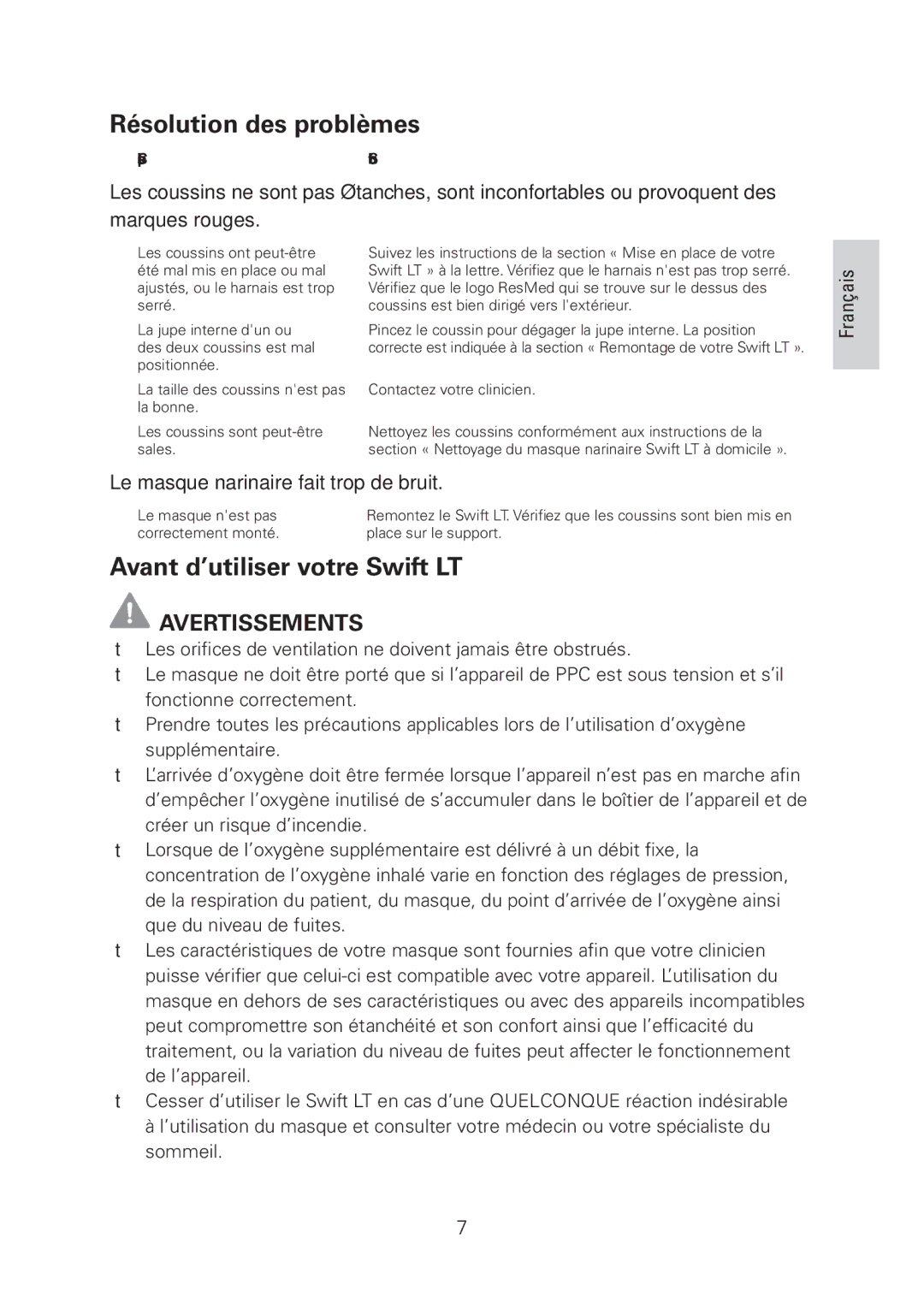 ResMed manual Résolution des problèmes, Avant d’utiliser votre Swift LT, Avertissements 