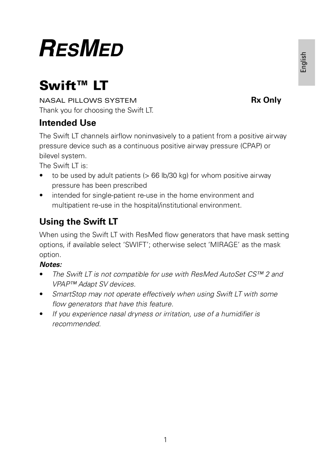 ResMed manual Intended Use, Using the Swift LT 