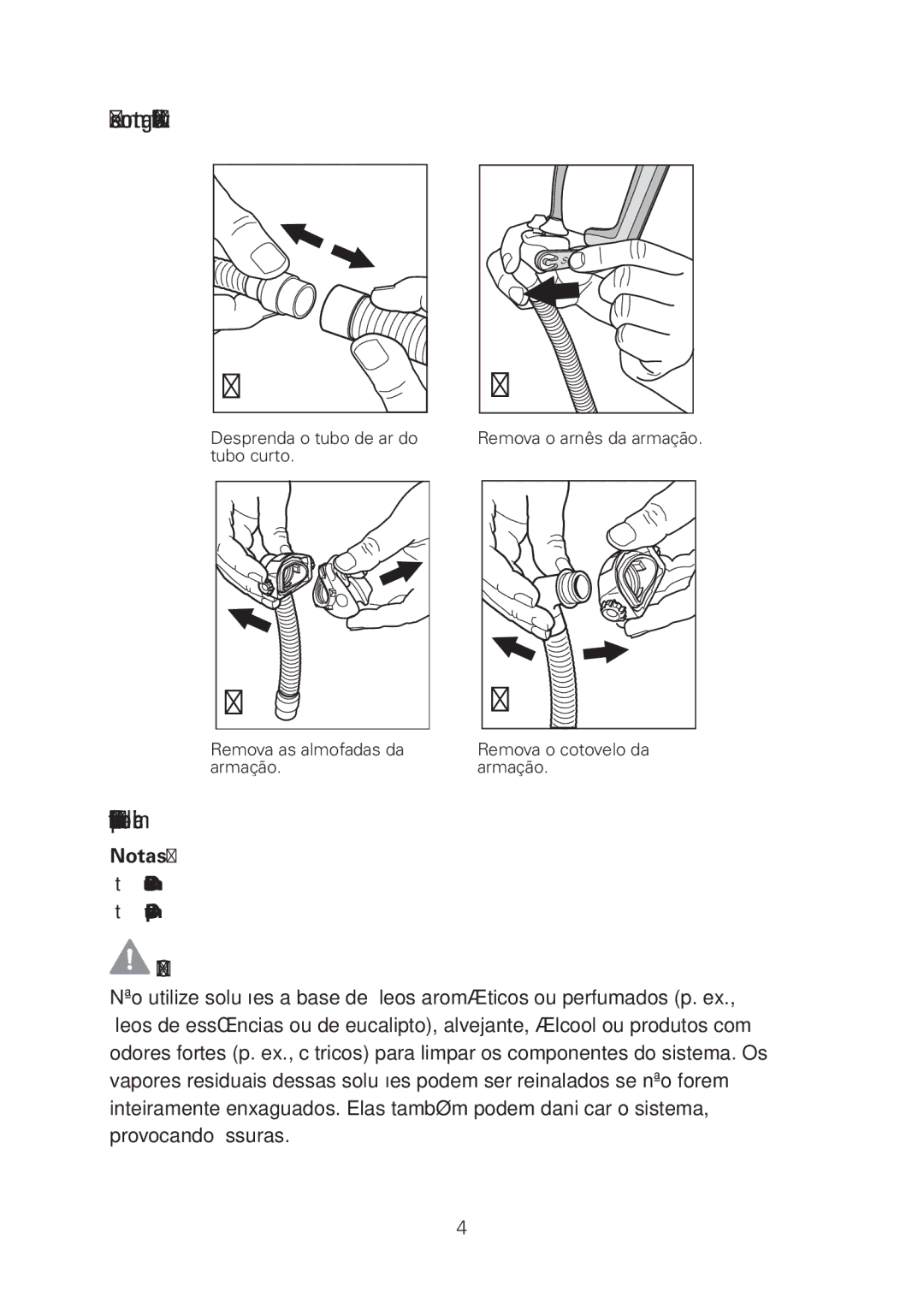 ResMed manual Desmontagem da Swift LT, Limpeza da Swift LT em ambiente domiciliar, Aviso 