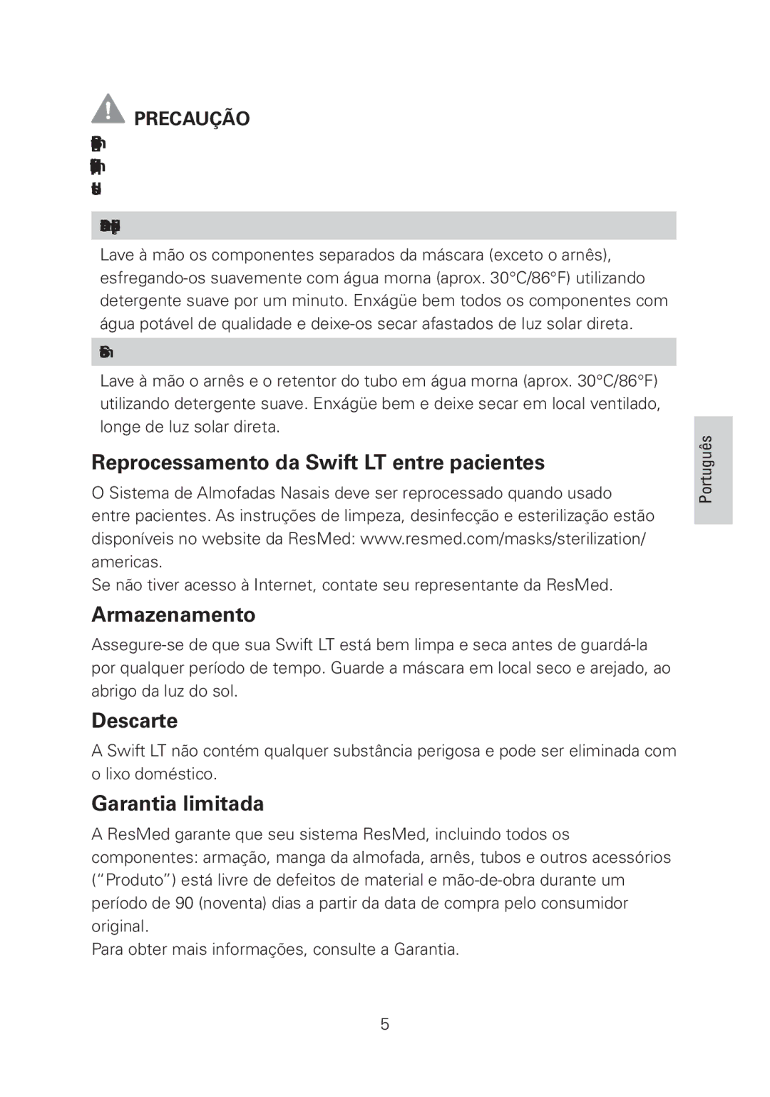 ResMed manual Reprocessamento da Swift LT entre pacientes, Armazenamento, Descarte, Garantia limitada, Precaução 