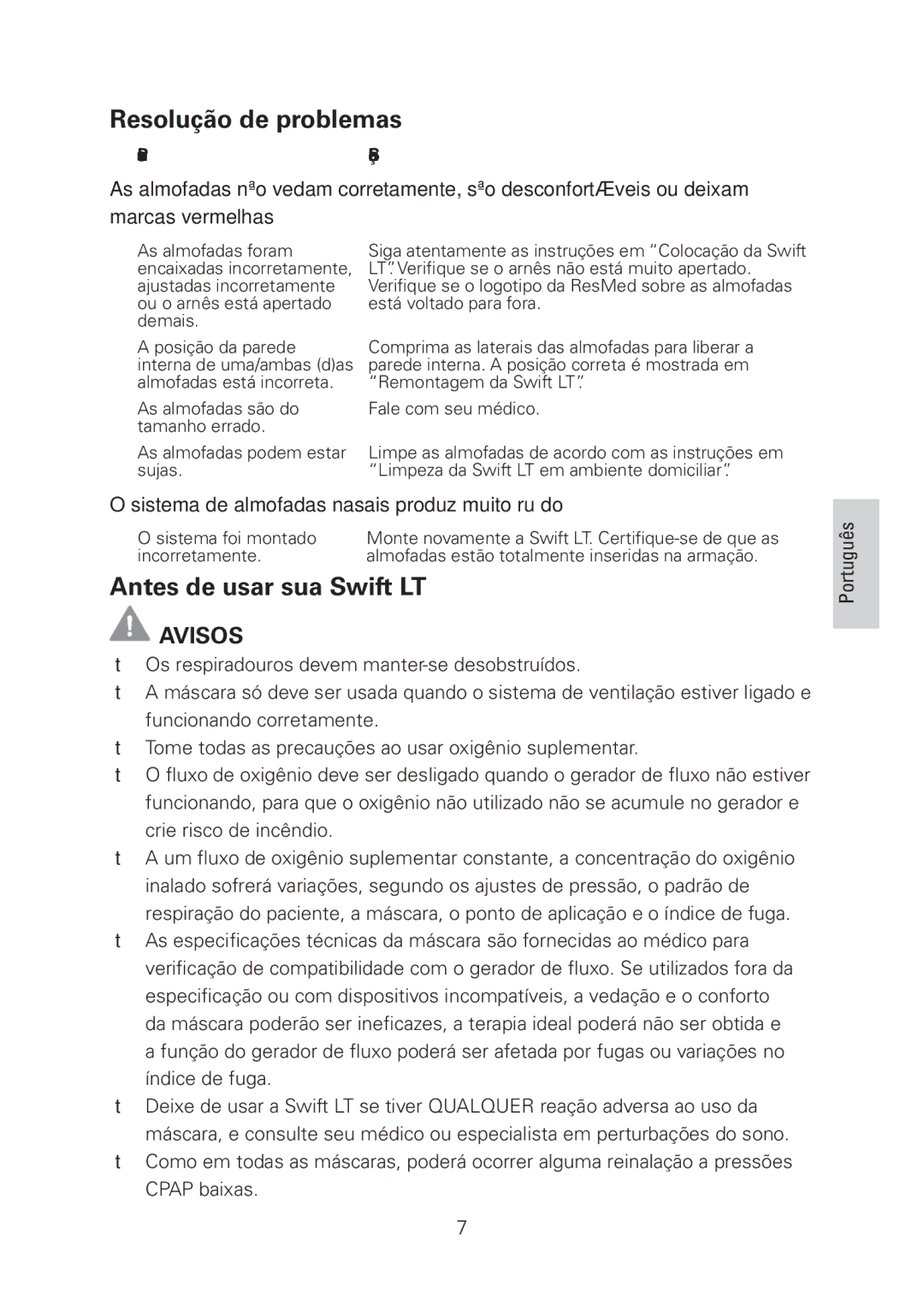 ResMed manual Resolução de problemas, Antes de usar sua Swift LT, Avisos 