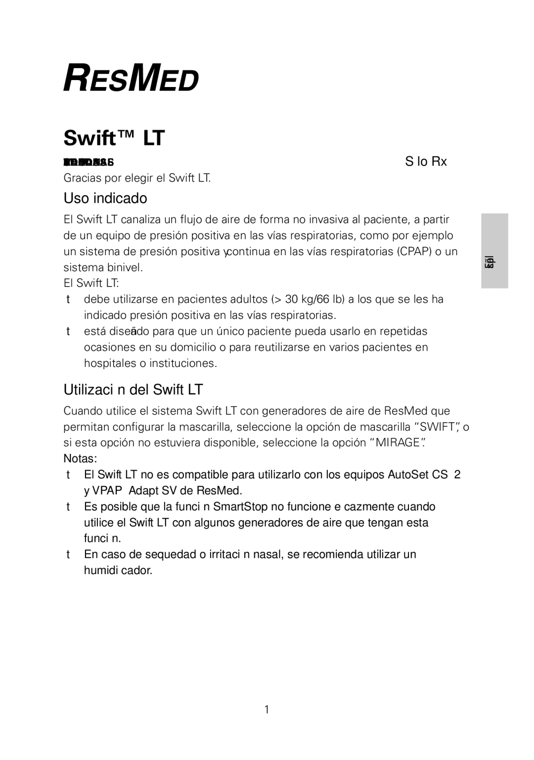 ResMed manual Uso indicado, Utilización del Swift LT 