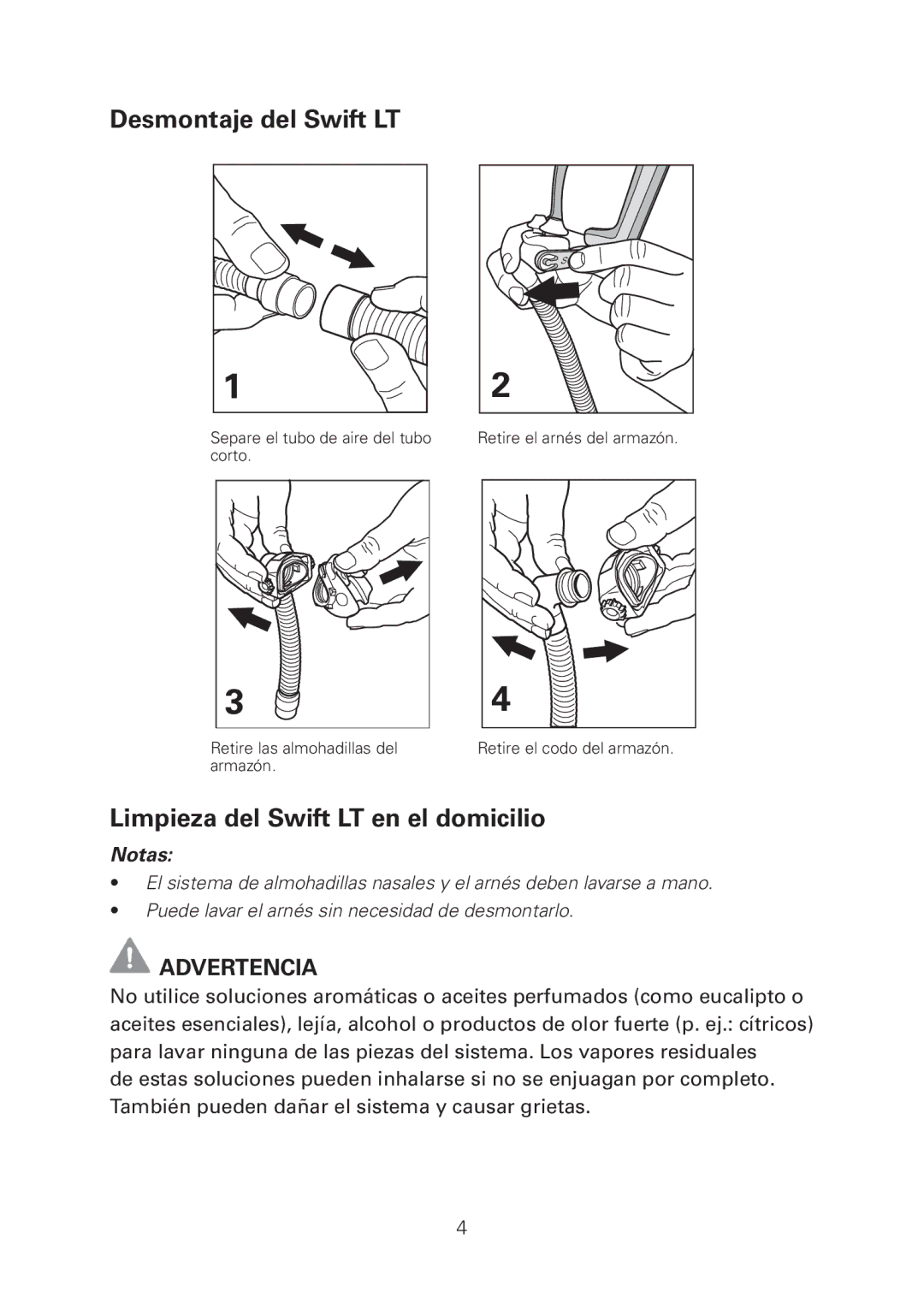 ResMed manual Desmontaje del Swift LT, Limpieza del Swift LT en el domicilio, Advertencia 