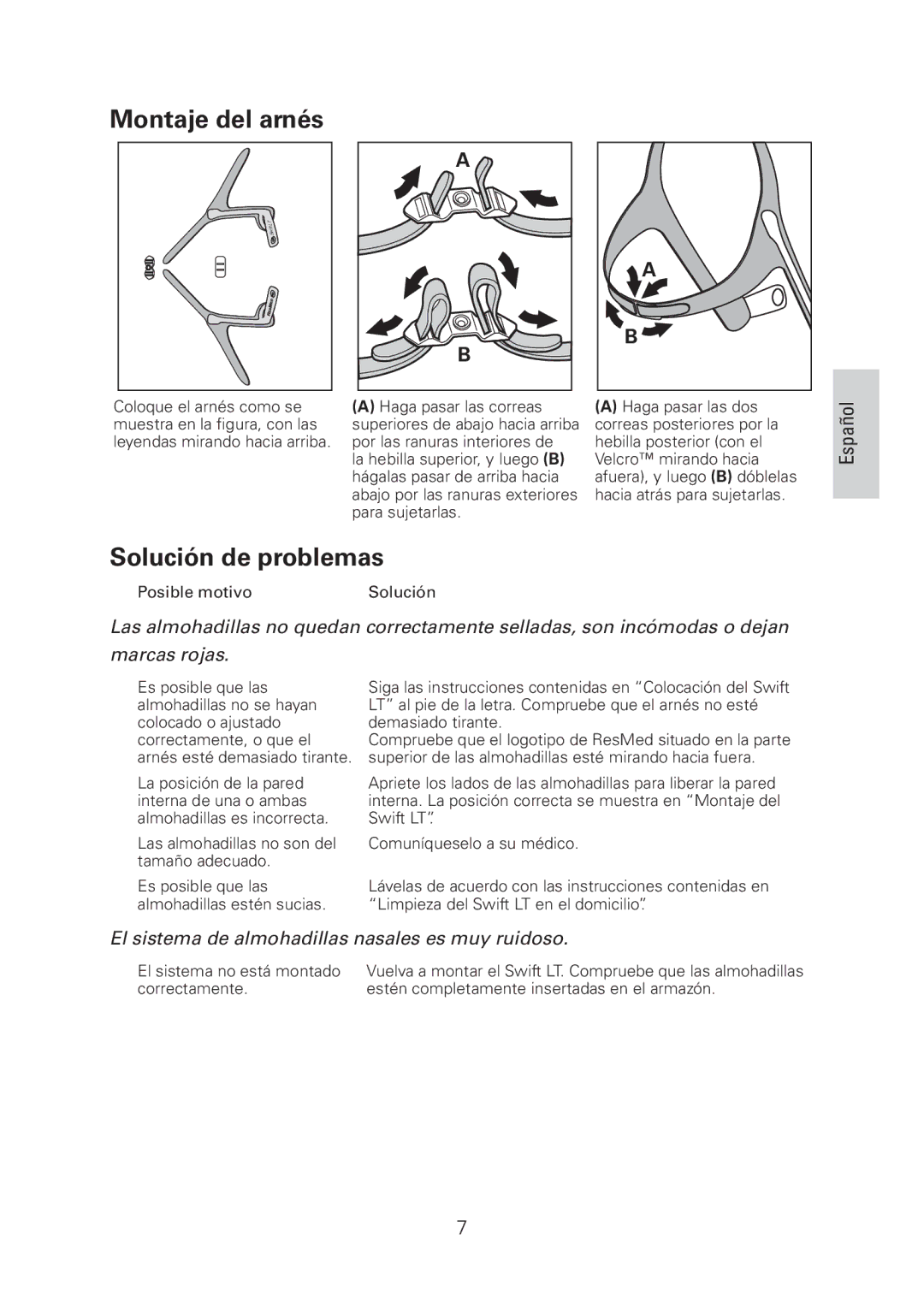 ResMed Swift LT manual Montaje del arnés, Solución de problemas 