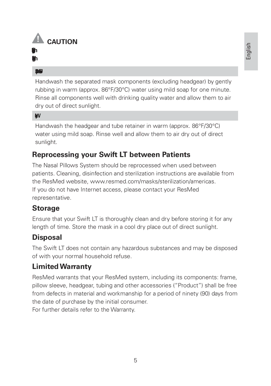 ResMed manual Reprocessing your Swift LT between Patients, Storage, Disposal, Limited Warranty 