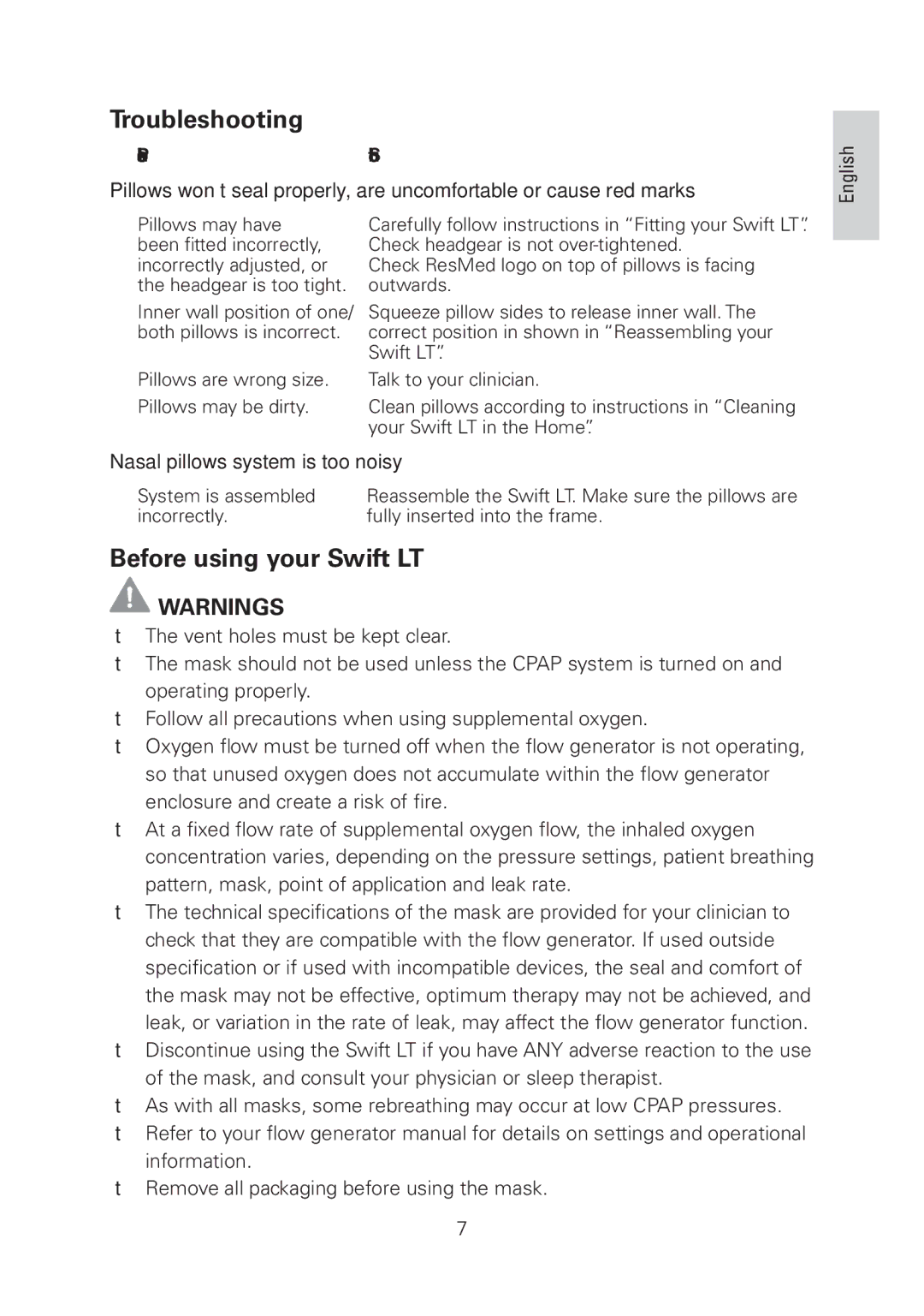 ResMed manual Troubleshooting, Before using your Swift LT 