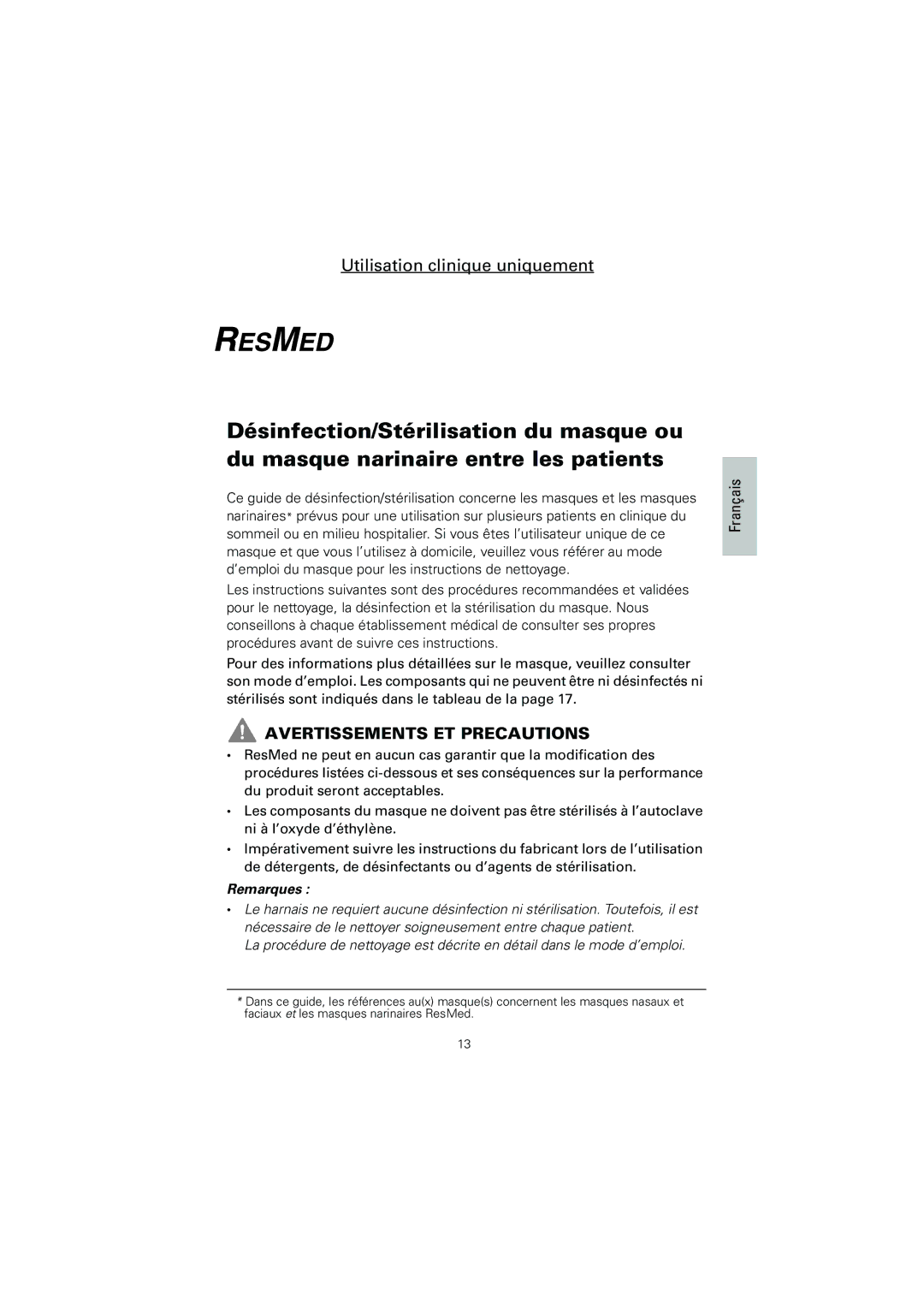 ResMed Ultra Mirage II, Mirage Vista, Mirage Kidsta, Mirage Swift II manual Avertissements ET Precautions, Français 