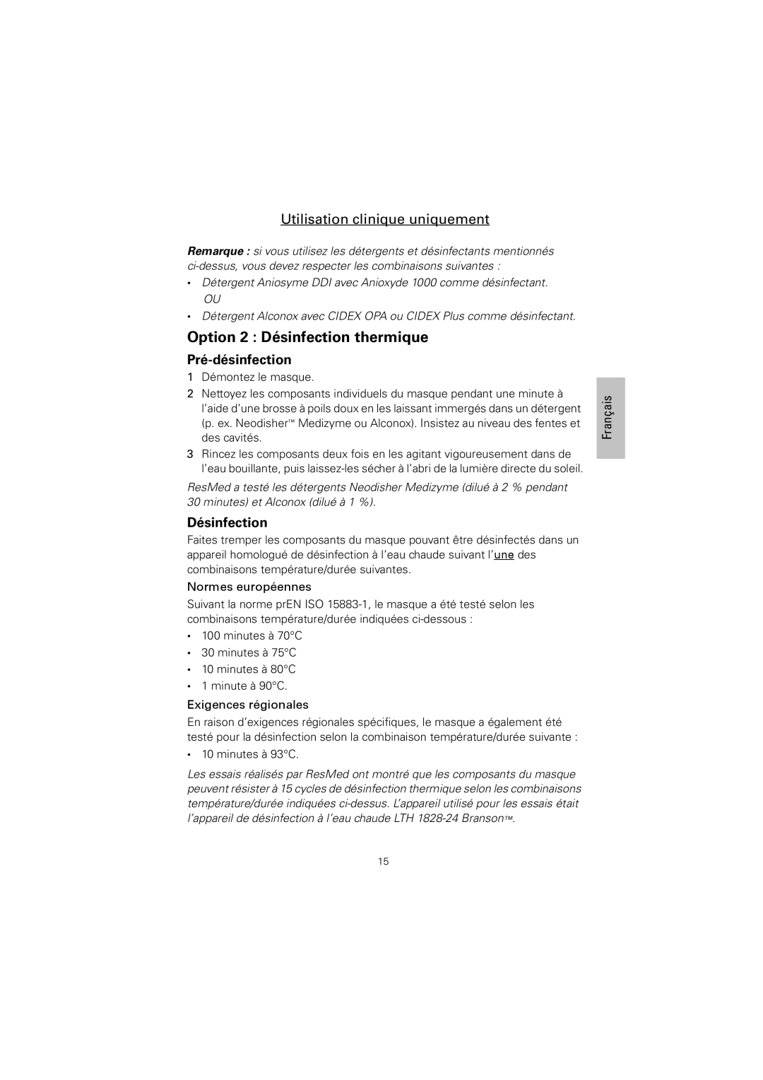 ResMed Ultra Mirage II, Mirage Vista manual Option 2 Désinfection thermique, Normes européennes, Exigences régionales 