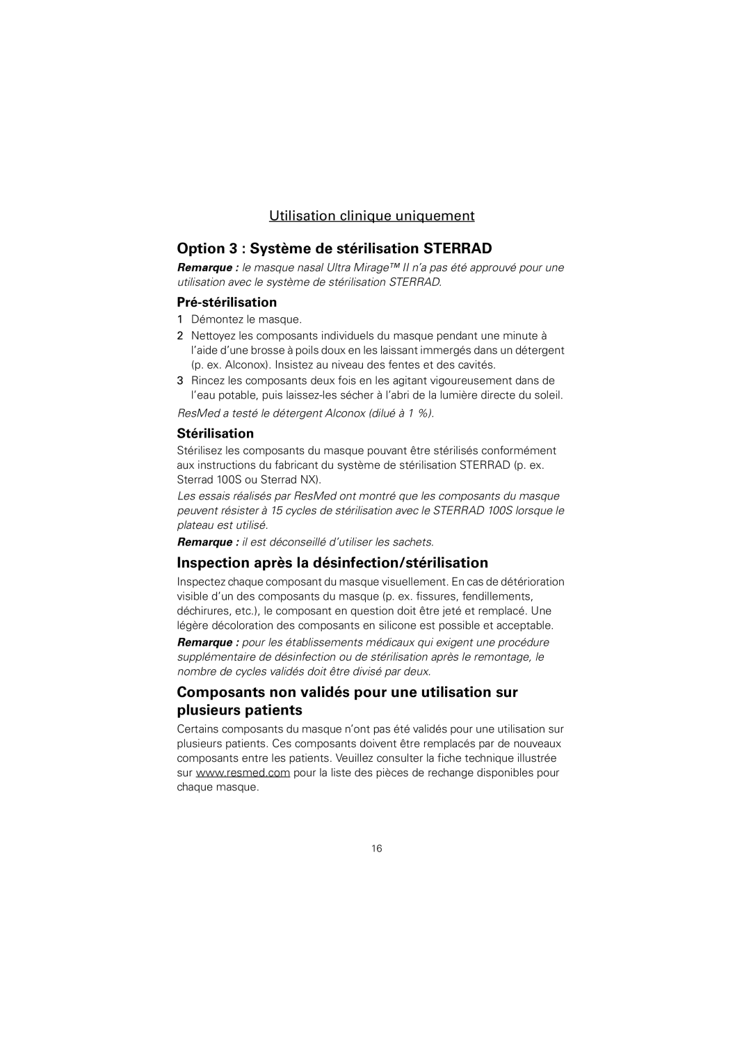 ResMed Ultra Mirage II manual Option 3 Système de stérilisation Sterrad, Inspection après la désinfection/stérilisation 