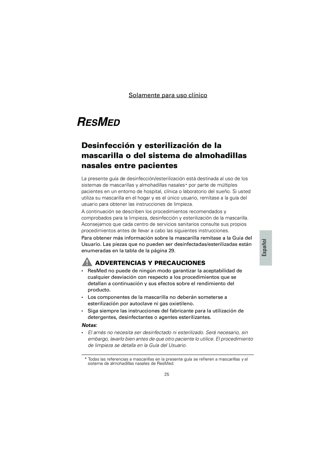 ResMed Mirage Vista, Ultra Mirage II, Mirage Kidsta, Mirage Swift II, Mirage Activa Advertencias Y Precauciones, Español 