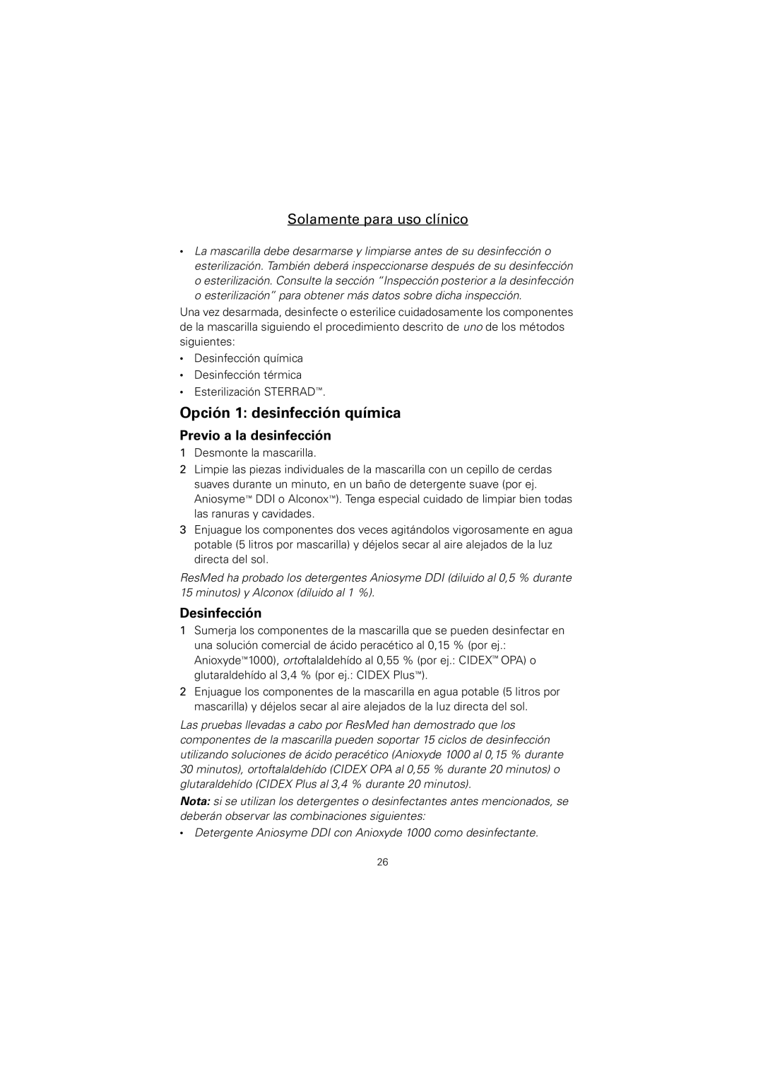 ResMed Mirage Kidsta, Ultra Mirage II manual Opción 1 desinfección química, Previo a la desinfección, Desinfección 