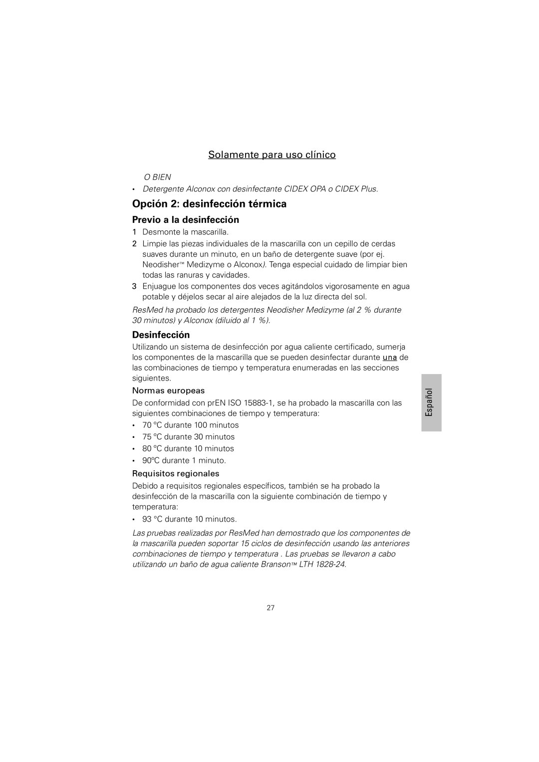 ResMed Mirage Swift II, Ultra Mirage II manual Opción 2 desinfección térmica, Normas europeas, Requisitos regionales 