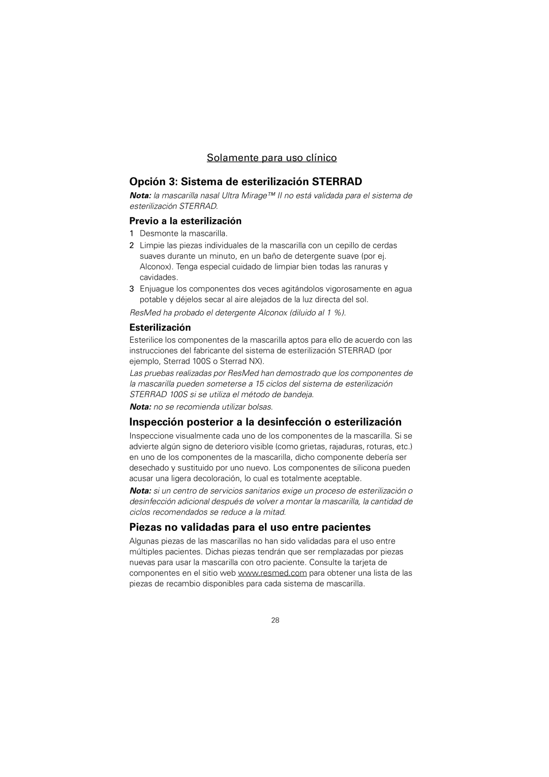 ResMed Mirage Activa Opción 3 Sistema de esterilización Sterrad, Inspección posterior a la desinfección o esterilización 