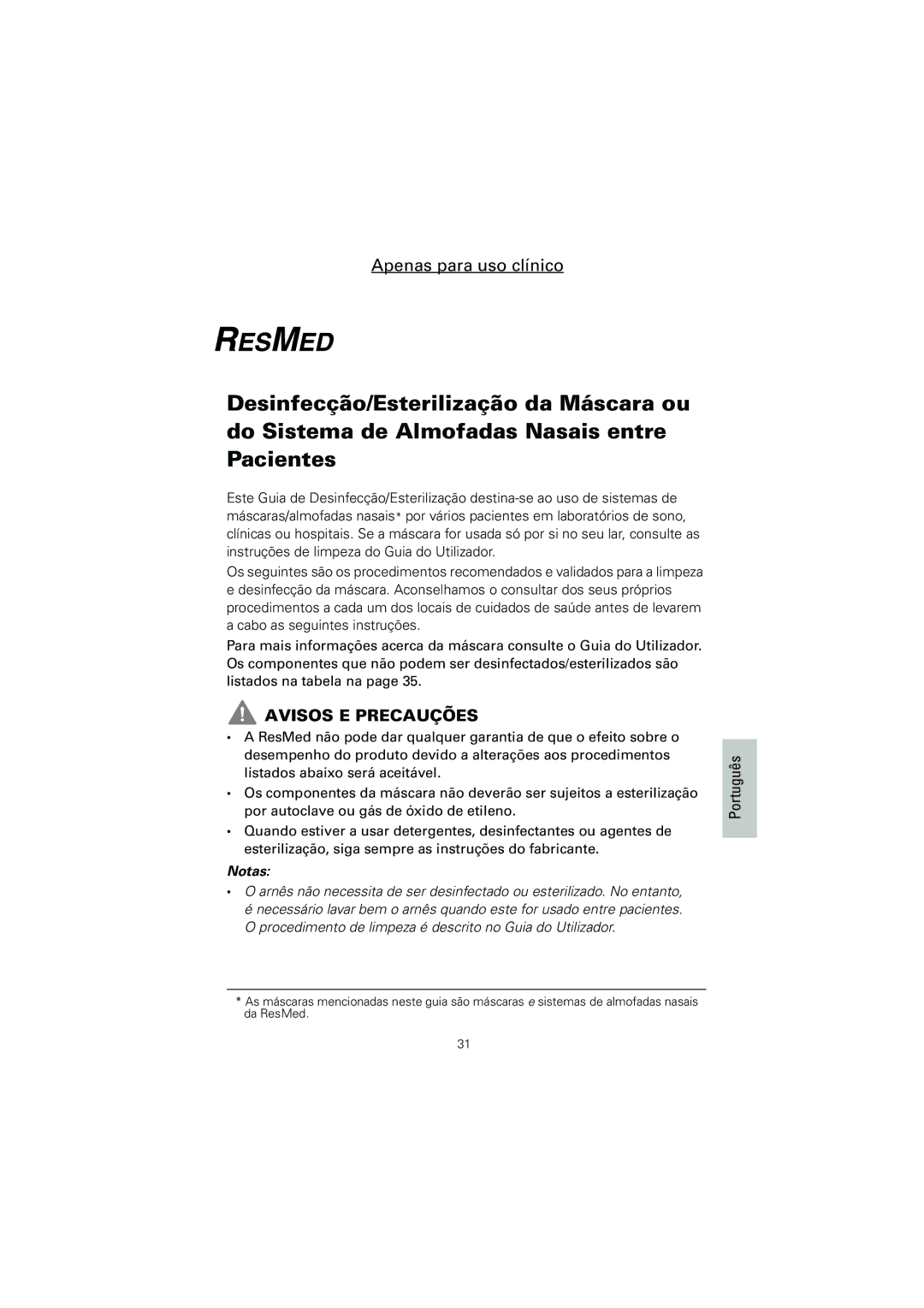 ResMed Ultra Mirage II, Mirage Vista, Mirage Kidsta, Mirage Swift II, Mirage Activa manual Avisos E Precauções, Português 