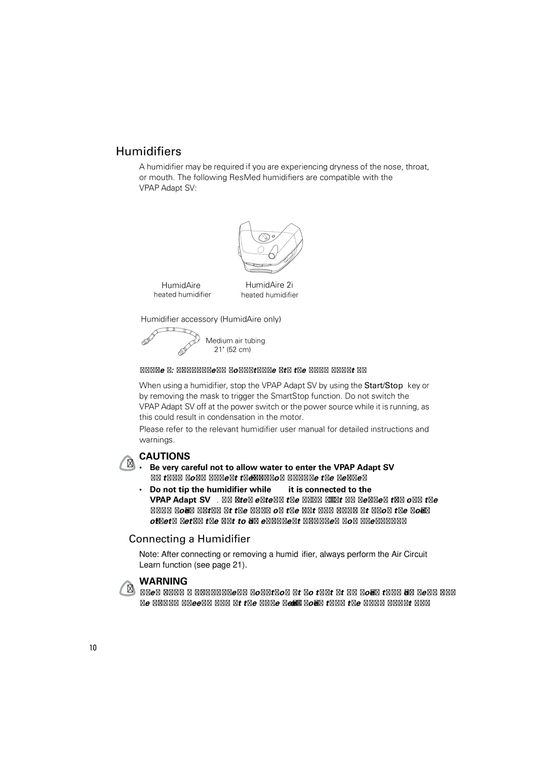 ResMed VPAP Adapt SV manual Humidifiers, Connecting a Humidifier, Do not tip the humidifier while it is connected to 