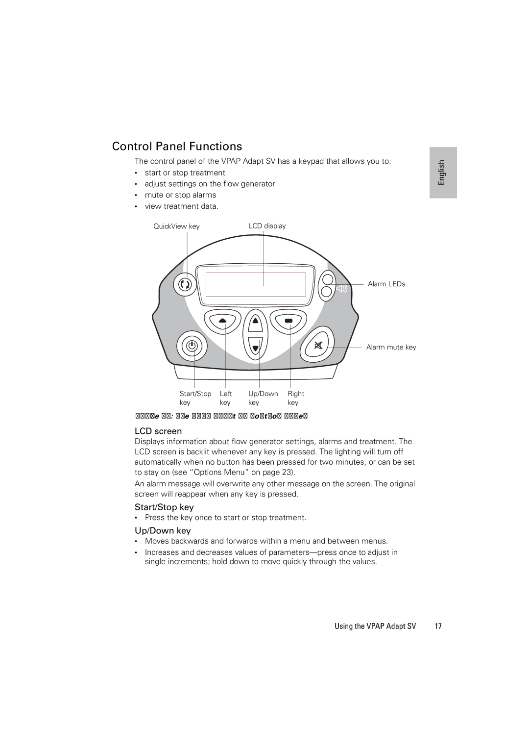 ResMed VPAP Adapt SV manual Control Panel Functions, LCD screen, Start/Stop key, Up/Down key 