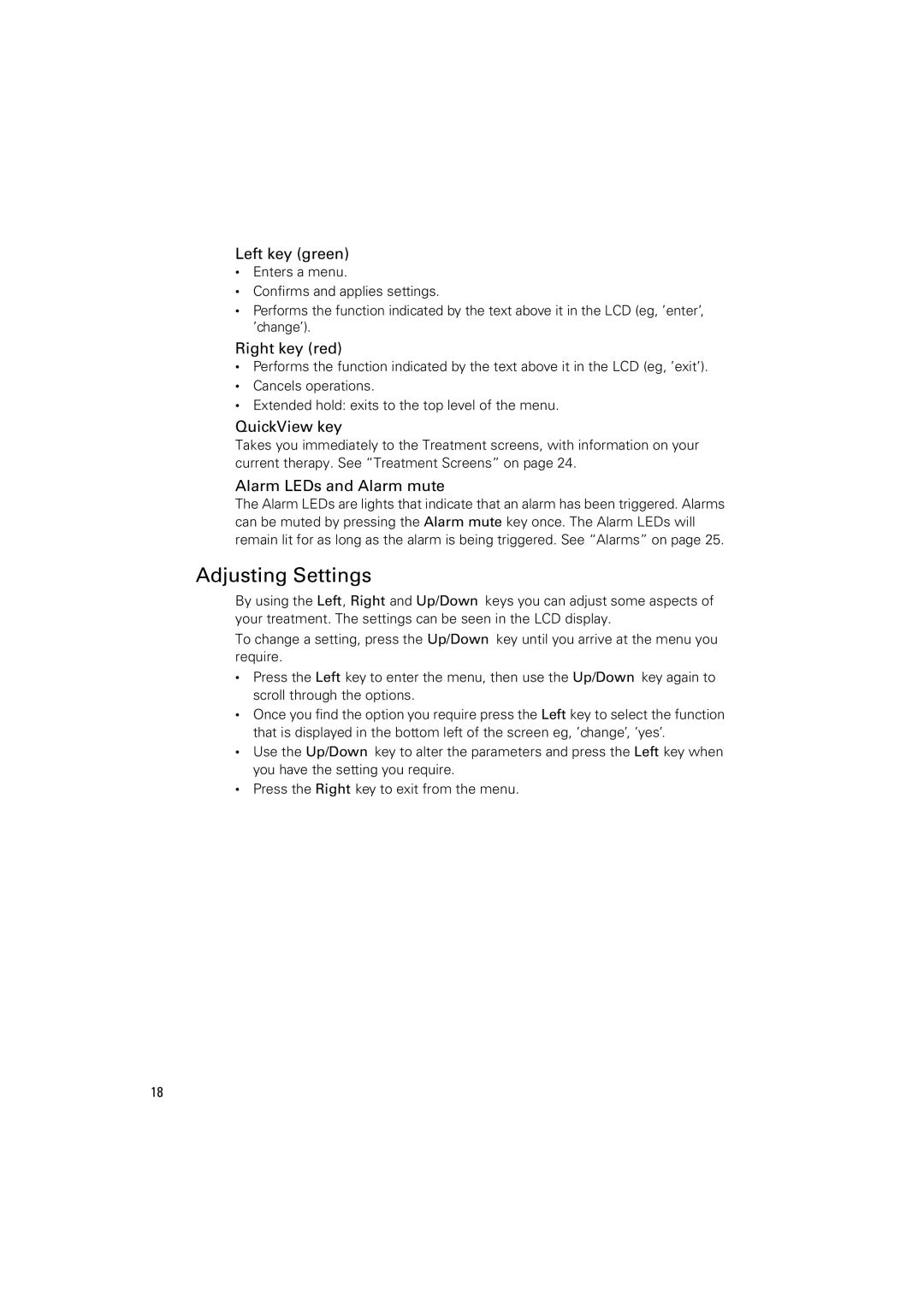 ResMed VPAP Adapt SV manual Adjusting Settings, Left key green, Right key red, QuickView key, Alarm LEDs and Alarm mute 