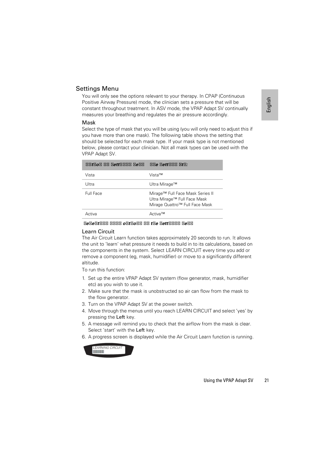 ResMed VPAP Adapt SV manual Settings Menu, Mask, Learn Circuit 