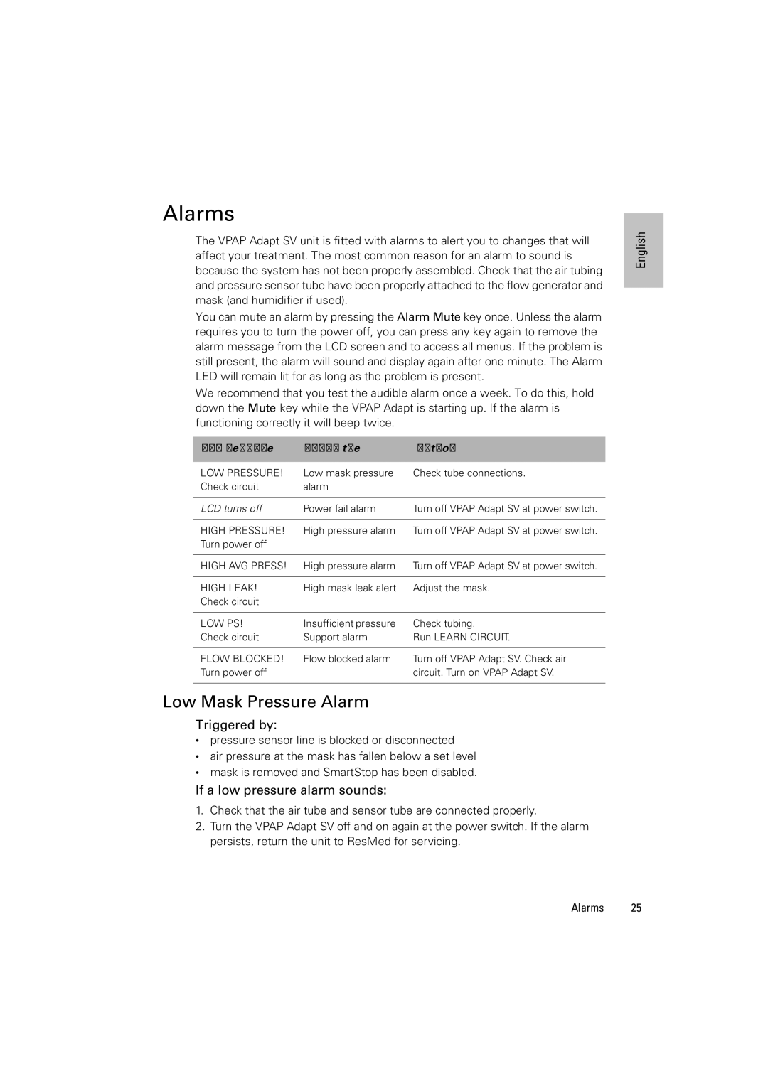 ResMed VPAP Adapt SV manual Alarms, Low Mask Pressure Alarm, Triggered by, If a low pressure alarm sounds 