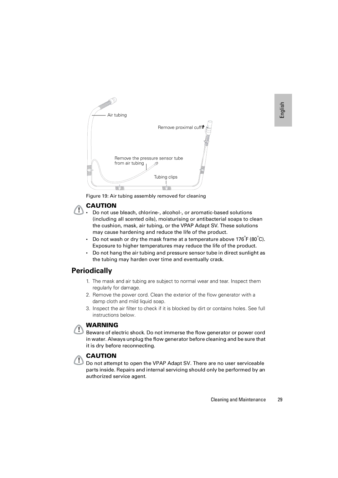 ResMed VPAP Adapt SV manual Periodically, Air tubing assembly removed for cleaning 