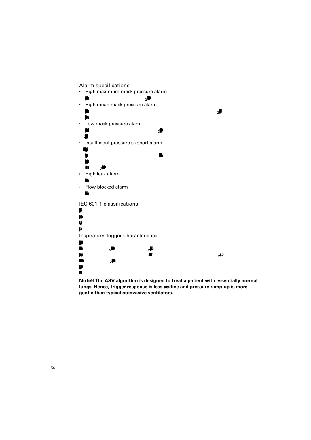 ResMed VPAP Adapt SV manual Alarm specifications, IEC 601-1 classifications, Inspiratory Trigger Characteristics 