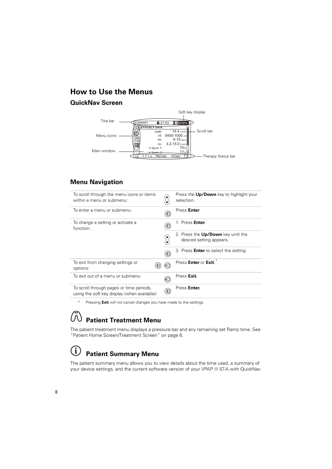 ResMed VPAP III ST-A How to Use the Menus, QuickNav Screen, Menu Navigation, Patient Treatment Menu, Patient Summary Menu 