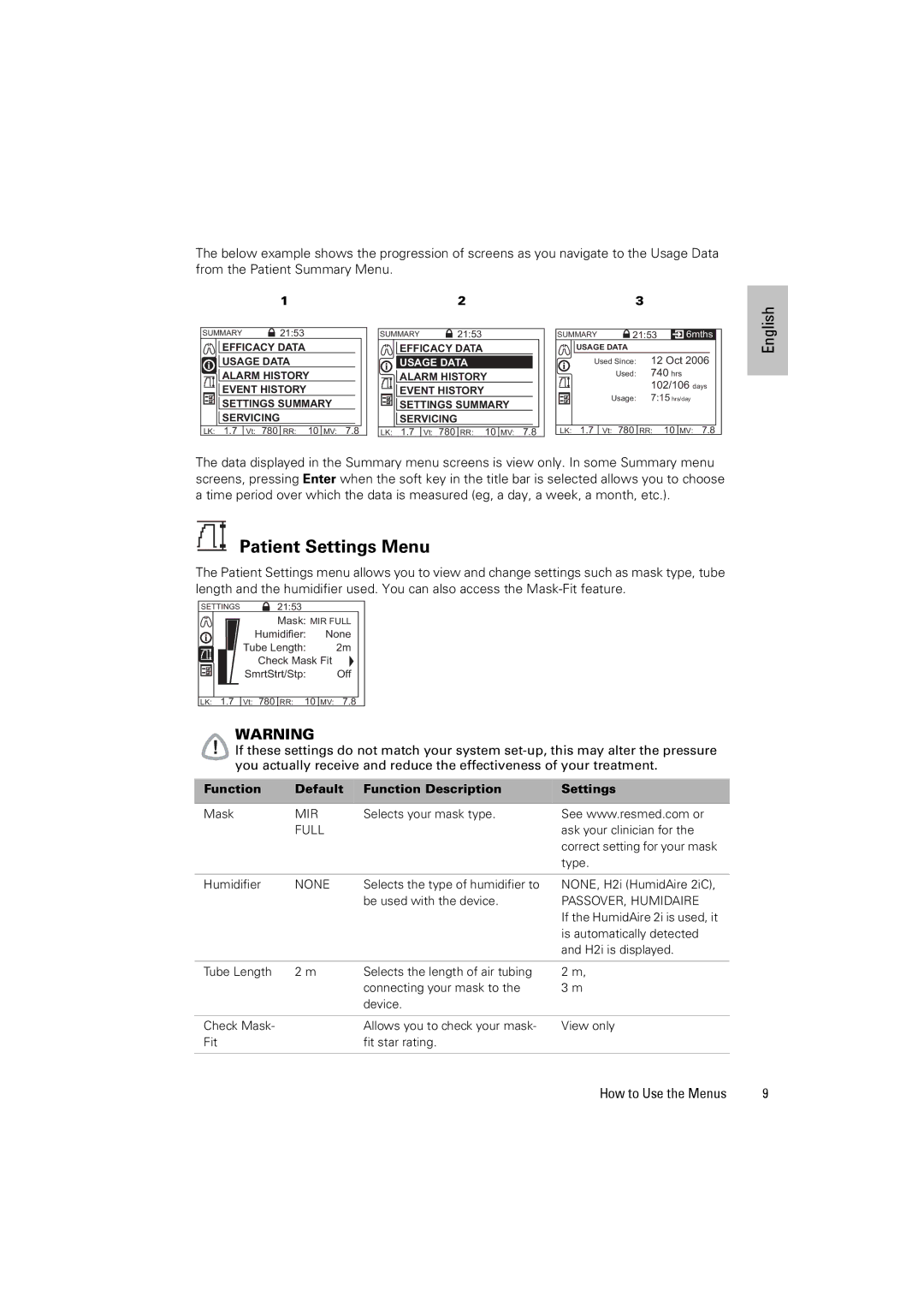 ResMed VPAP III ST-A manual Patient Settings Menu, Function Default Function Description Settings 