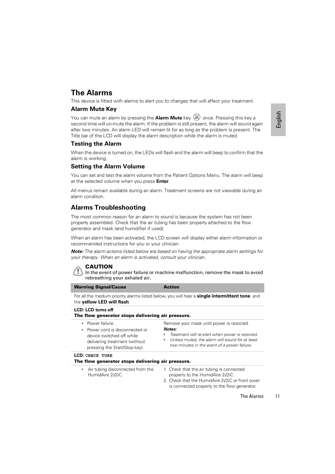 ResMed VPAP III ST-A manual Alarms Troubleshooting, Alarm Mute Key, Testing the Alarm, Setting the Alarm Volume 