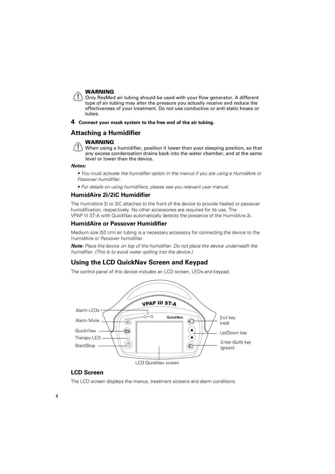 ResMed VPAP III ST-A manual Attaching a Humidifier, Using the LCD QuickNav Screen and Keypad, HumidAire 2i/2iC Humidifier 