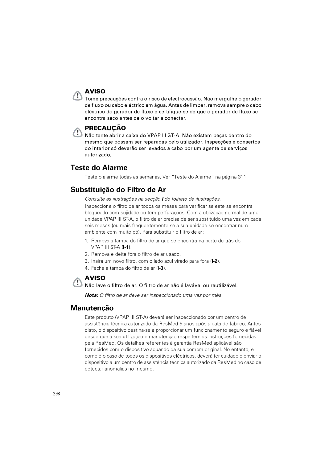 ResMed VPAP III ST-A user manual Teste do Alarme, Substituição do Filtro de Ar, Manutenção 