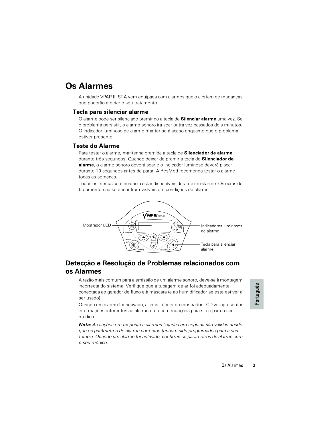 ResMed VPAP III ST-A user manual Tecla para silenciar alarme, Teste do Alarme, Os Alarmes 311 