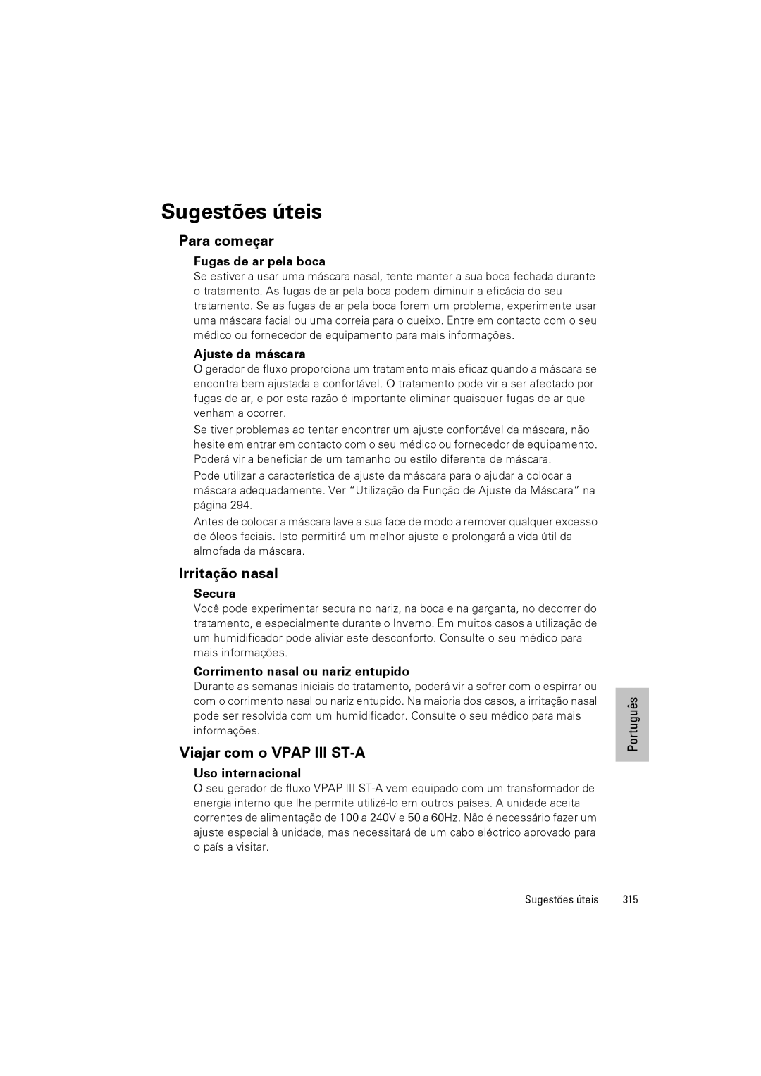 ResMed VPAP III ST-A user manual Sugestões úteis, Para começar, Irritação nasal, Viajar com o Vpap III ST-A, 315 