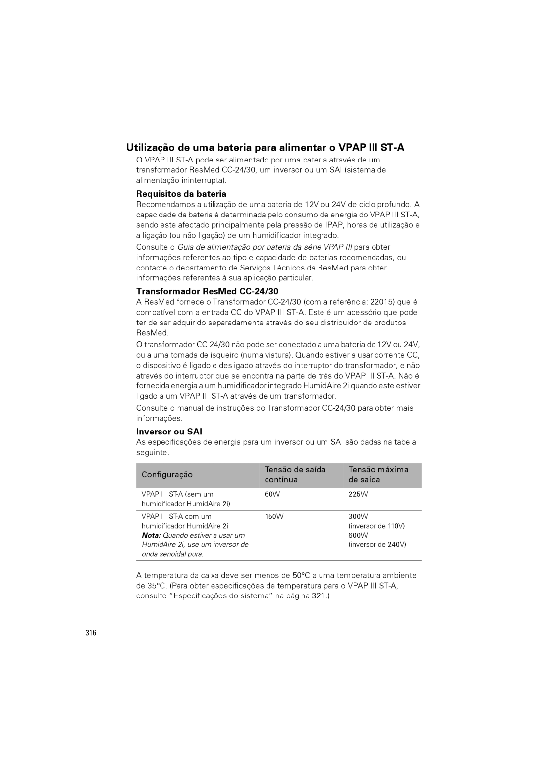 ResMed VPAP III ST-A user manual Utilização de uma bateria para alimentar o Vpap III ST-A 