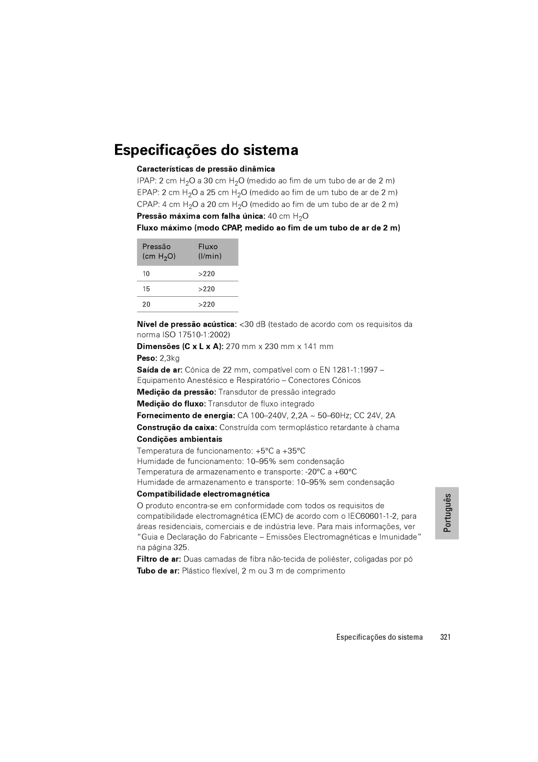 ResMed VPAP III ST-A user manual Especificações do sistema, 321 