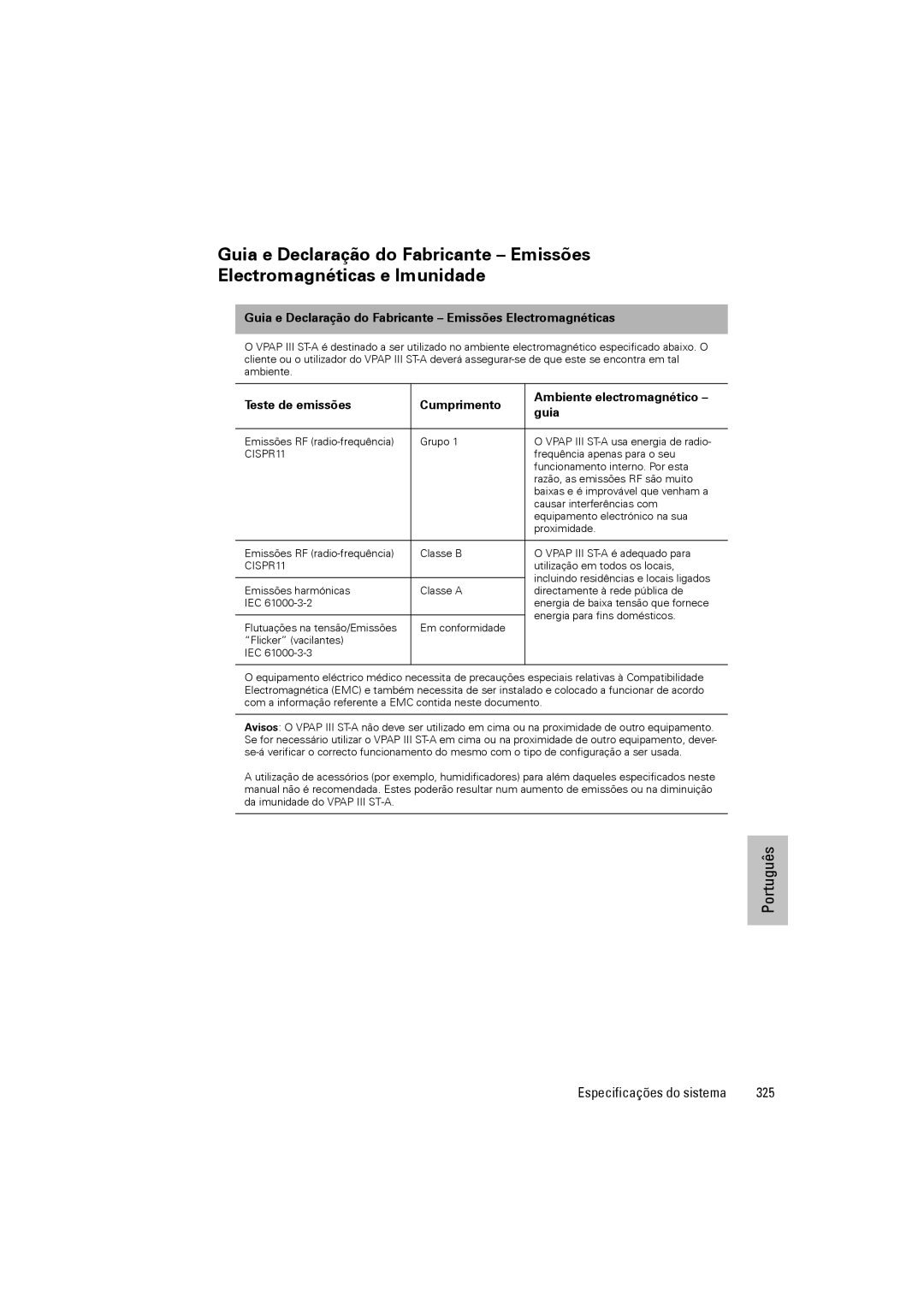 ResMed VPAP III ST-A user manual 325, Guia e Declaração do Fabricante Emissões Electromagnéticas 